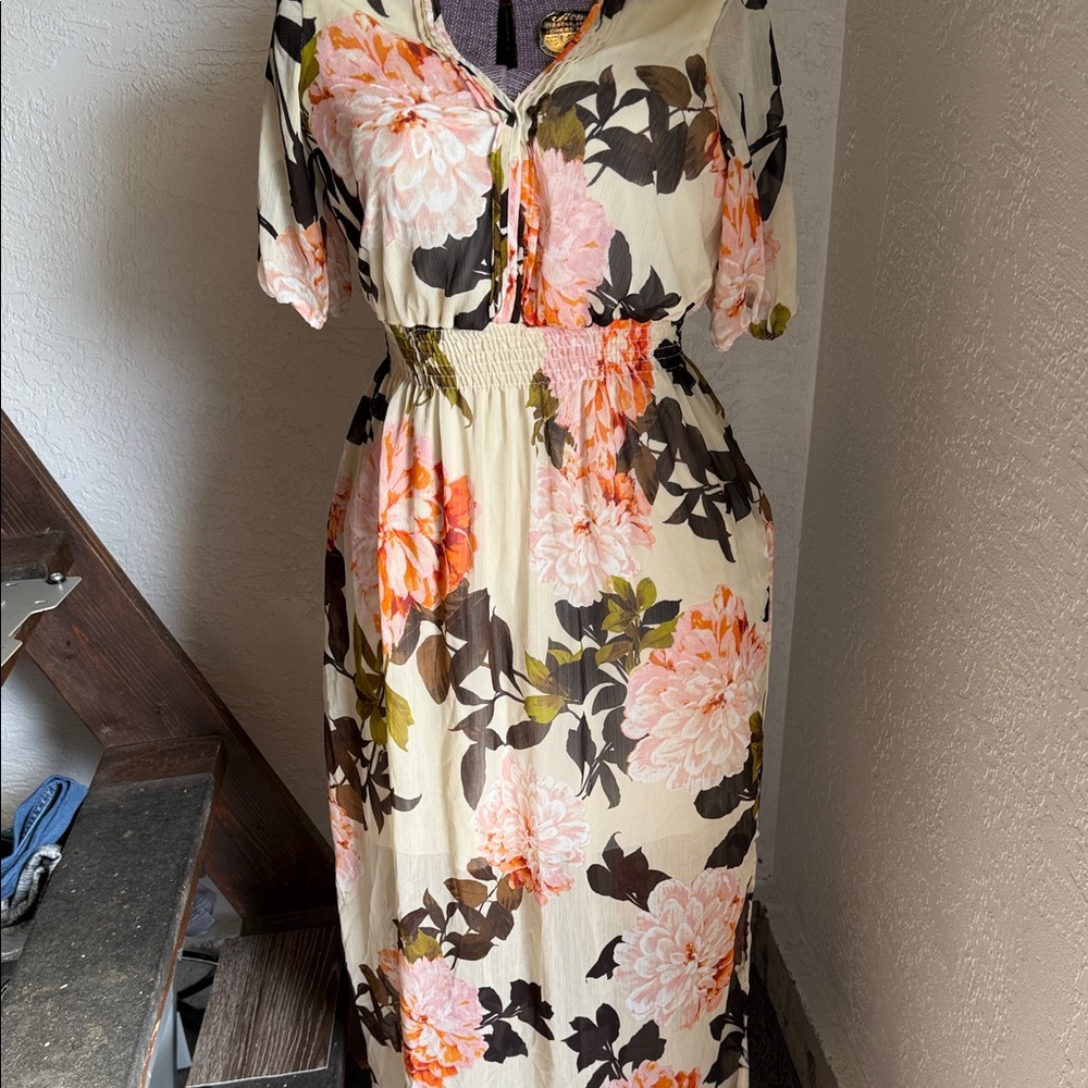 Cream Floral Maxi Dress with Pink & Orange Blooms